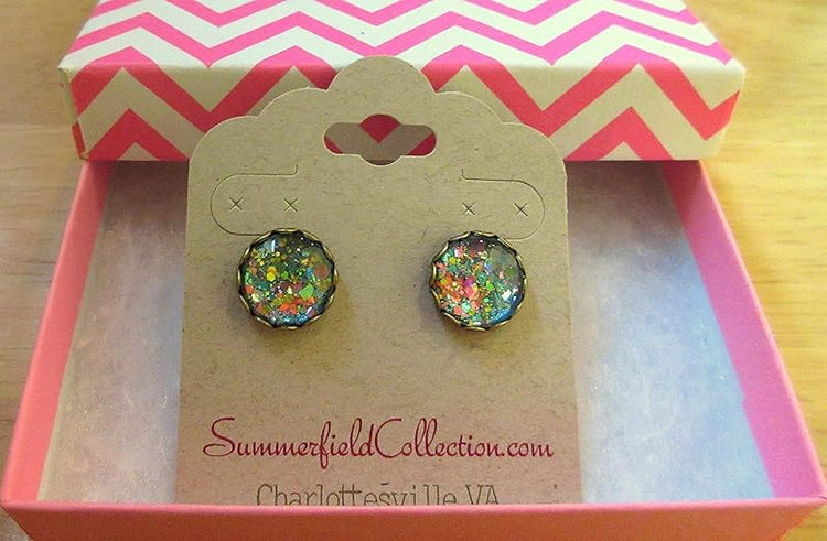 Summerfield Collection Antiqued Gold-tone Aqua Blue and Pink Glitter Glass Stud Earrings Hand-painted 12mm