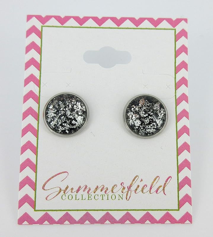 Summerfield Collection Stainless Steel Silver and Black Glitter Glass Stud Earrings Hand-painted 12mm