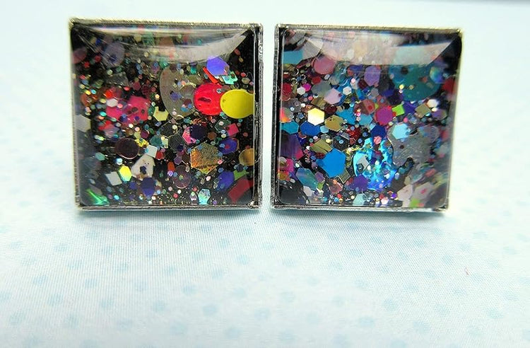 Summerfield Collection Silver-tone Black and Multi-Color Confetti Glitter Glass Stud Earrings Hand-painted Square 12mm