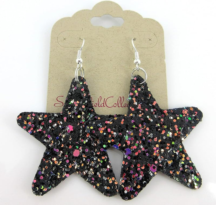 Summerfield Collection Glitter Faux Leather Large Star Dangle Earrings (Black and Rainbow)