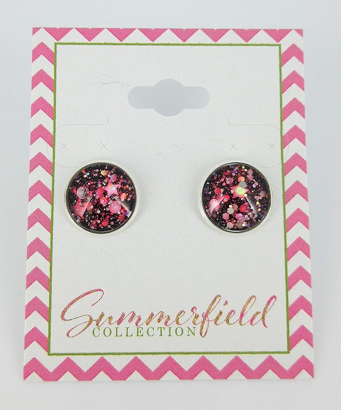 Summerfield Collection Silver-tone Stardust Glitter Glass Galaxy Stud Earrings Hand-painted 12mm