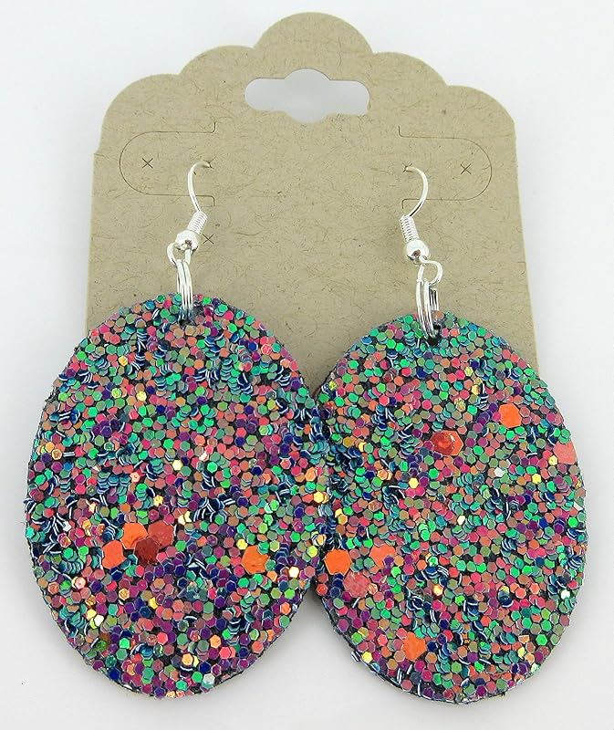 Summerfield Collection Silver-tone Glitter Faux Leather Oval Dangle Earrings (Teal and Pink)