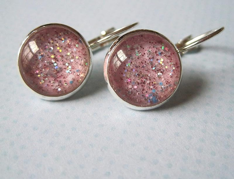 Summerfield Collection Silver-tone Pink Glitter Glass Galaxy Drop Earrings Leverback Hand-painted