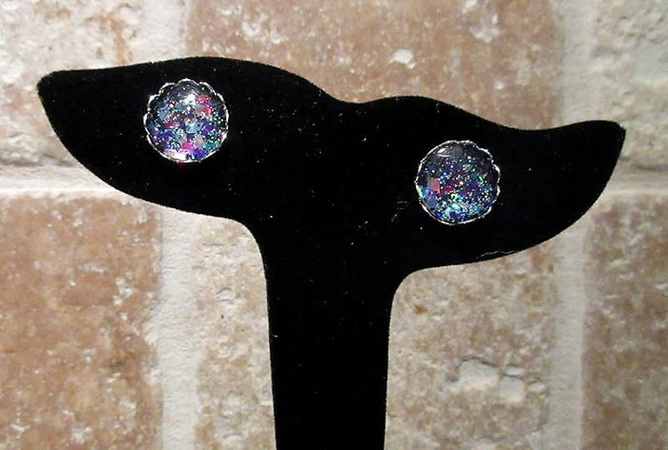 Summerfield Collection Stainless Steel Aqua Blue Pink and Purple Glitter Glass Stud Earrings Hand-painted 12mm