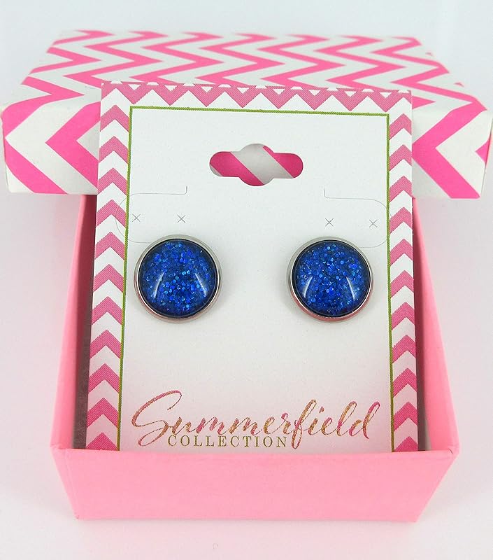 Summerfield Collection Stainless Steel Royal Blue Glitter Glass Stud Earrings Hand-painted 12mm