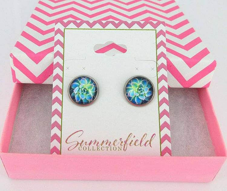 Summerfield Collection Stainless Steel Succulent Plant Print Glass Stud Earrings 12mm (Blue/Green)