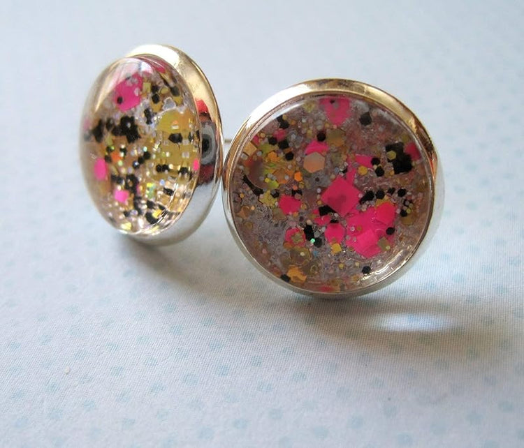 Summerfield Collection Silver-Tone Neon Pink Gold and Black Glitter Glass Stud Earrings 1/2" Round