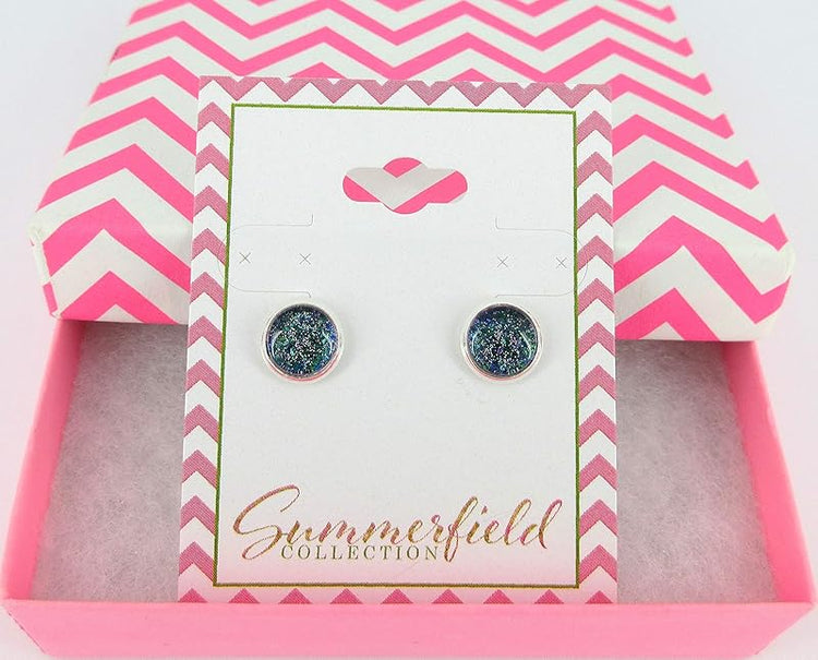 Summerfield Collection Silver-tone Blue Purple Glitter Glass Stud Earrings Hand-painted 8mm