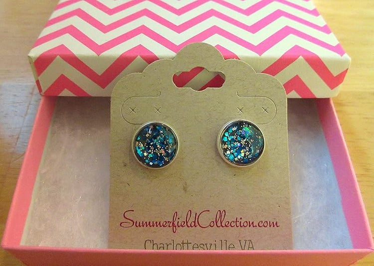 Summerfield Collection Silver-tone Charcoal Gray and Blue Glitter Glass Stud Earrings Hand-painted 12mm
