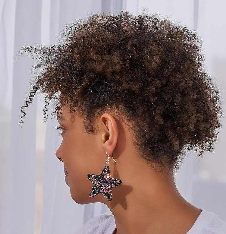 Summerfield Collection Glitter Faux Leather Large Star Dangle Earrings (Black and Rainbow)