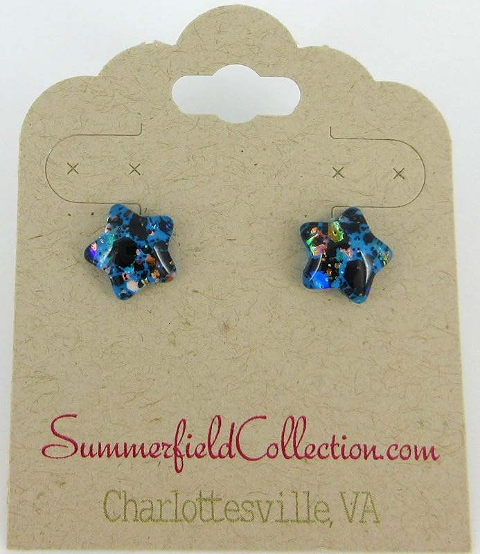 Summerfield Collection Aqua Blue and Black Star Shaped Glitter Glass Galaxy Stud Earrings 10mm Hand-painted