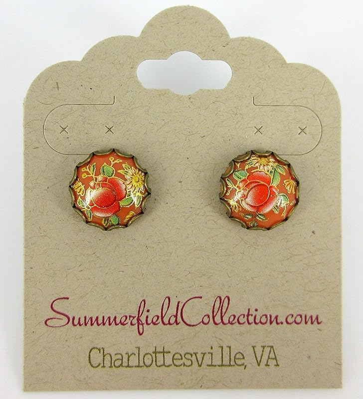Summerfield Collection Antiqued Gold-tone Floral Print Stud Earrings 12mm (Orange)
