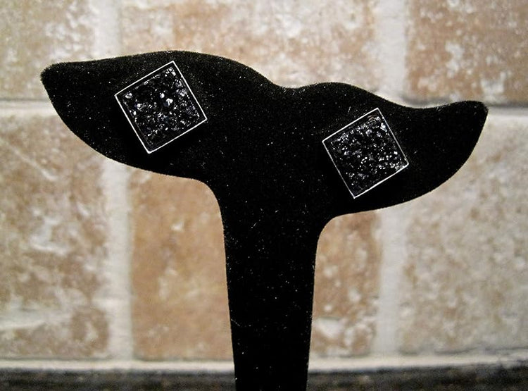 Summerfield Collection Silver-tone Metallic Geometric Square Shaped Chunky Faux Druzy Stud Earrings 12mm Statement (Black)