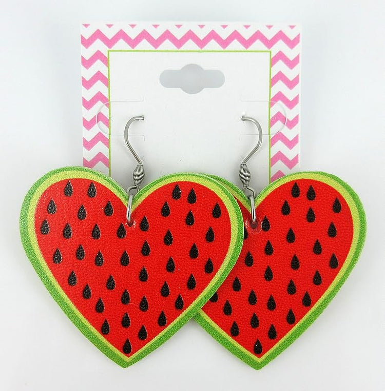 Summerfield Collection Watermelon Faux Leather Large Heart Dangle Earrings Stainless Steel Red Green Black Fruit