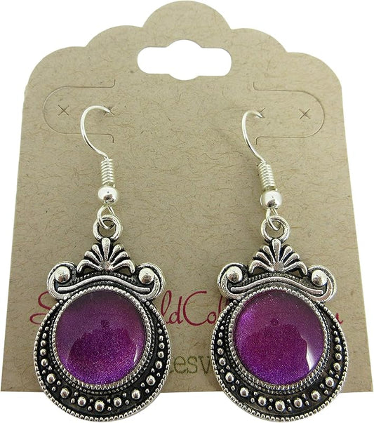Summerfield Collection Antiqued Silver-tone Metallic Purple Shimmer Glass Dangle Earrings Hand-painted