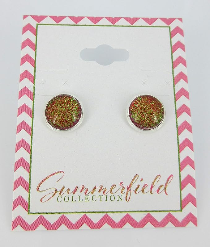 Summerfield Collection Silver-tone Red and Green Glitter Glass Stud Earrings Hand-painted (10mm)