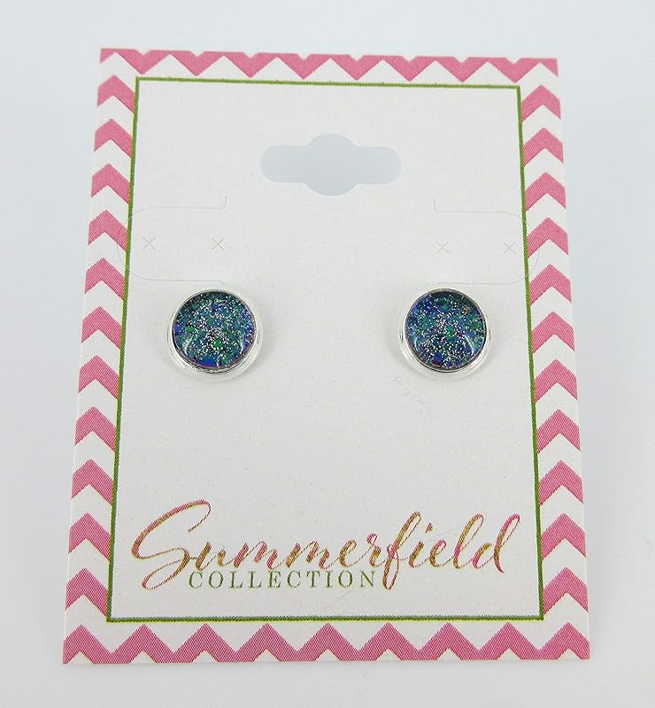 Summerfield Collection Silver-tone Blue Purple Glitter Glass Stud Earrings Hand-painted 8mm