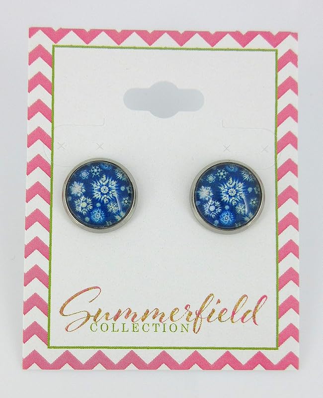 Summerfield Collection Stainless Steel Snowflake Print Glass Stud Earrings 12mm