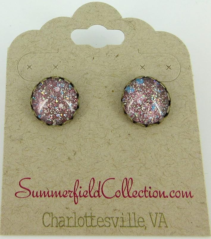 Summerfield Collection Antiqued Gold-tone Pink Iridescent Glitter Glass Stud Earrings Hand-painted 12mm