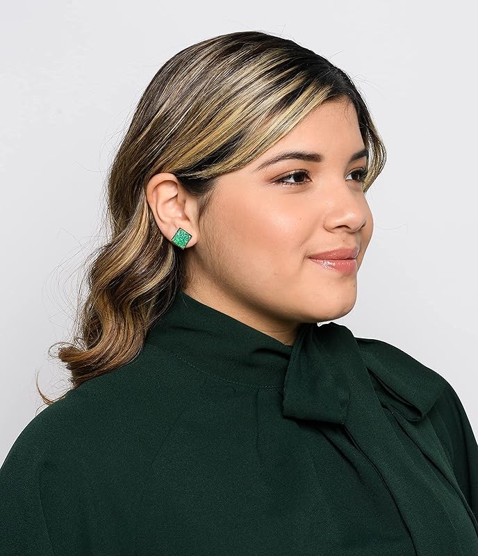 Summerfield Collection Geometric Square Shaped Flat Faux Druzy Stud Earrings 12mm Statement Antiqued Gold-tone (Green)