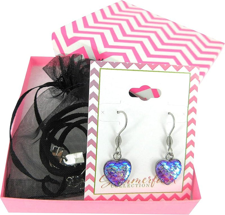 Summerfield Collection Mermaid Heart Choker Necklace Faux Black Suede Cord Dangle Earrings Set (Purple)