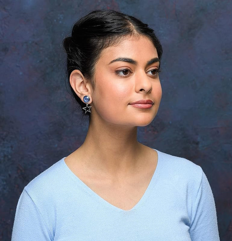 Summerfield Collection Stainless Steel Blue Galaxy Glitter Glass Stud and Star Drop Earrings