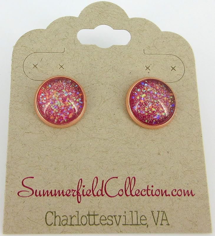 Summerfield Collection Rose Gold-tone Berry Iridescent Glitter Glass Galaxy Stud Earrings Hand-painted 12mm