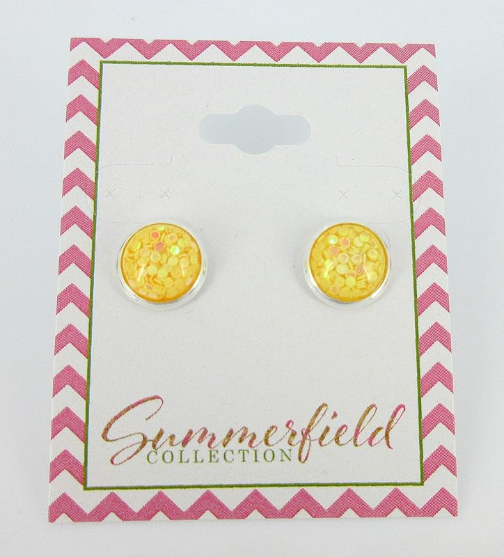 Summerfield Collection Shiny Silver-tone Iridescent Glitter Resin Stud Earrings 10mm (Yellow)