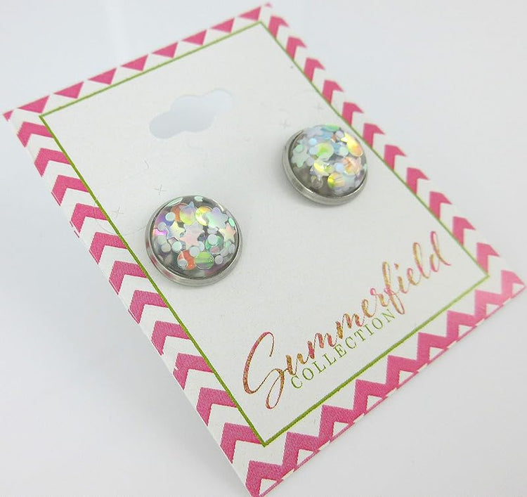 Summerfield Collection Stainless Steel Glitter Resin Globe Stud Earrings 12mm (White)