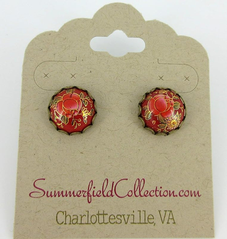 Summerfield Collection Antiqued Gold-tone Floral Print Stud Earrings 12mm (Red)