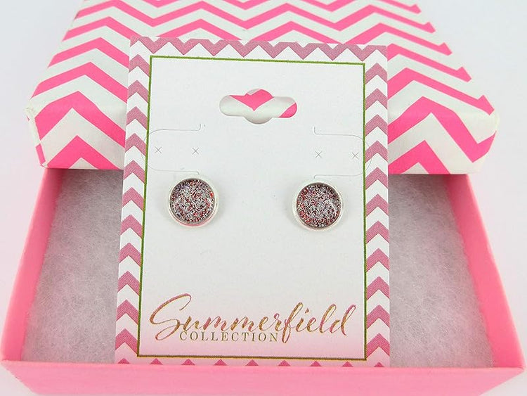 Summerfield Collection Silver-tone Red and Holographic Glitter Glass Stud Earrings Hand-painted 8mm