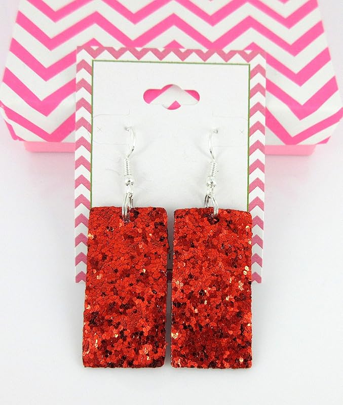 Summerfield Collection Silver-tone Glitter Faux Leather Large Rectangle Dangle Earrings (Red)
