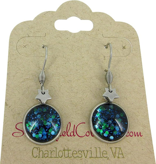 Summerfield Collection Stainless Steel Blue Green Glitter Glass Star Charm Galaxy Dangle Earrings Hand-painted