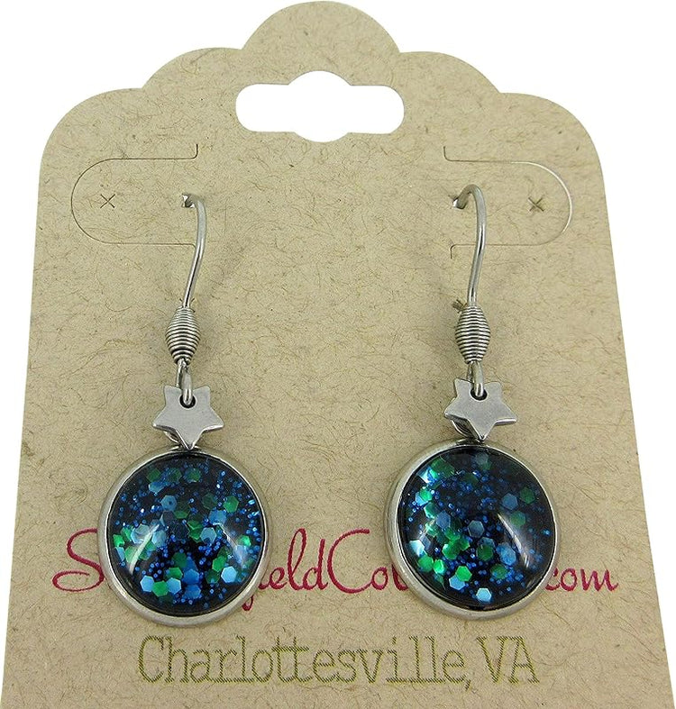 Summerfield Collection Stainless Steel Blue Green Glitter Glass Star Charm Galaxy Dangle Earrings Hand-painted
