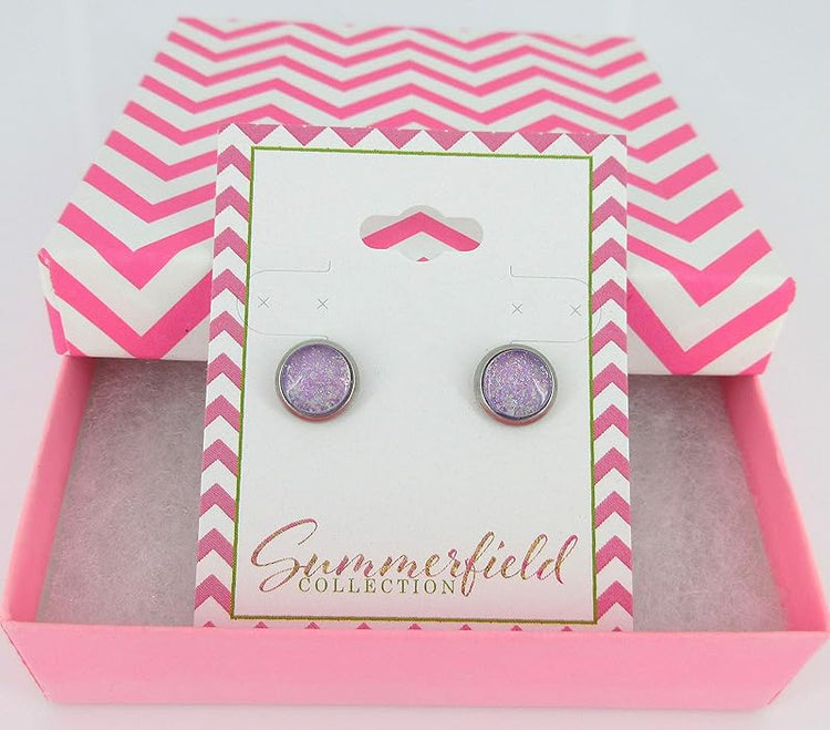Summerfield Collection Stainless Steel Lavender Purple Glitter Flake Glass Stud Earrings Hand-painted 8mm