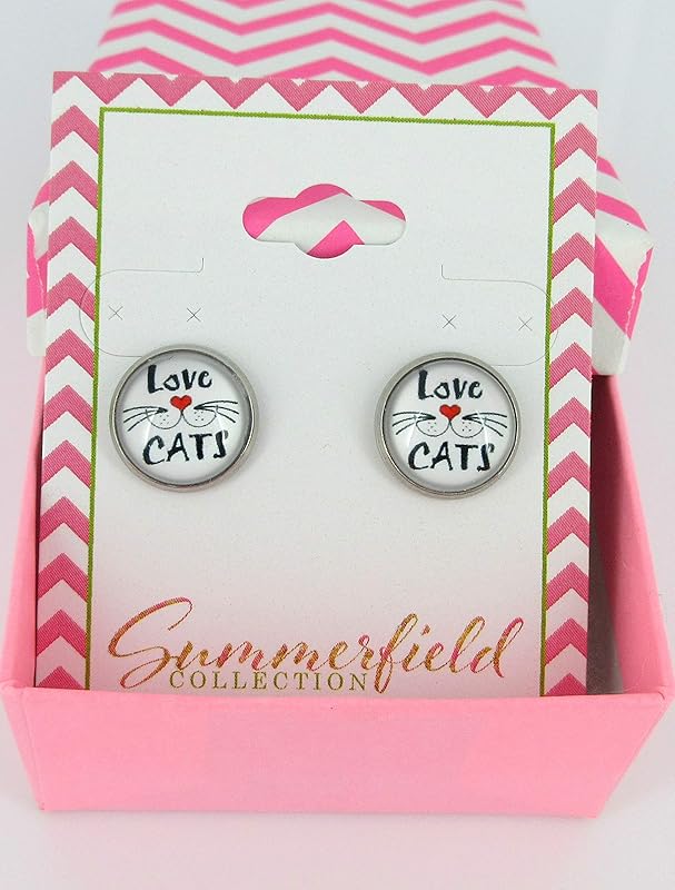 Summerfield Collection Stainless Steel Cat Lover Printed Glass Stud Earrings 12mm (Love Cats Whisker Face)