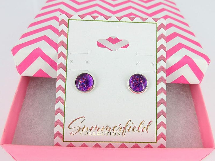 Summerfield Collection Silver-tone Electric Magenta Purple Glitter Glass Stud Earrings Hand-painted 8mm