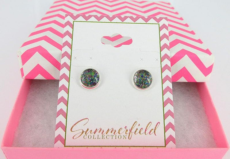Summerfield Collection Silver-tone Dark Rainbow Glitter Glass Stud Earrings Hand-painted 8mm
