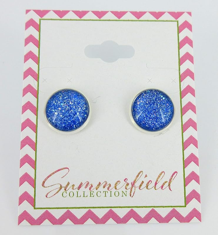 Summerfield Collection Silver-tone Cobalt Blue Holographic Glitter Glass Stud Earrings Hand-painted 12mm