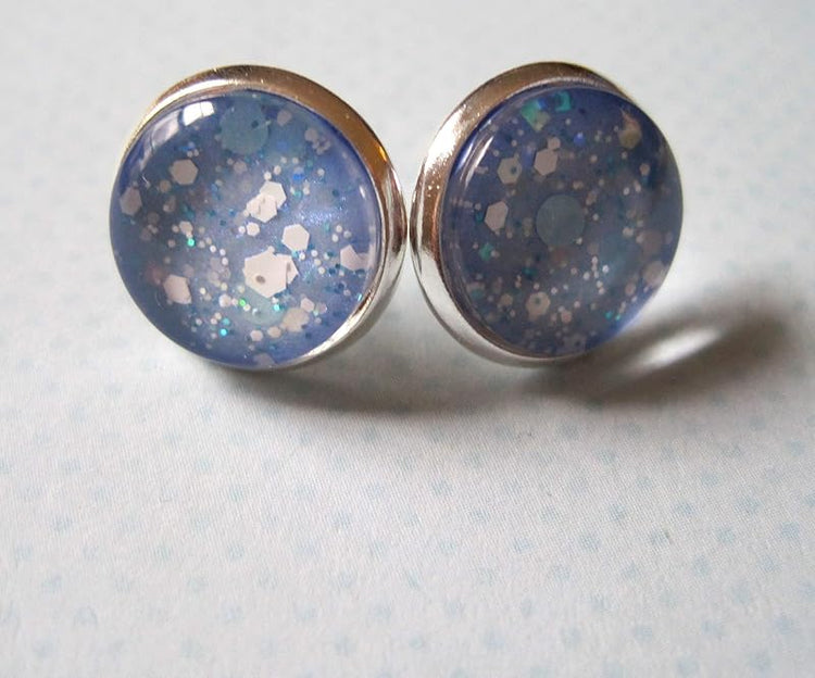 Summerfield Collection Silver-Tone Ice Blue and White Glitter Glass Stud Earrings 12mm