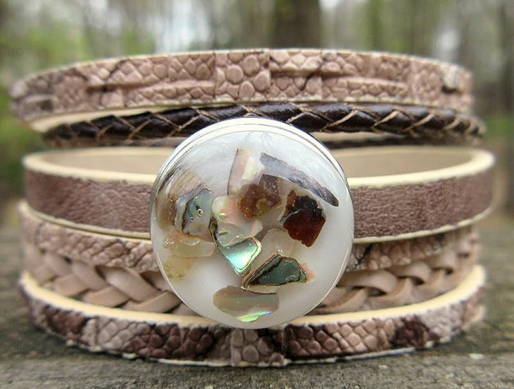 Summerfield Collection Interchangeable Snap Bracelet 3 Charm Set Brown Glitter Glass Layered Leather