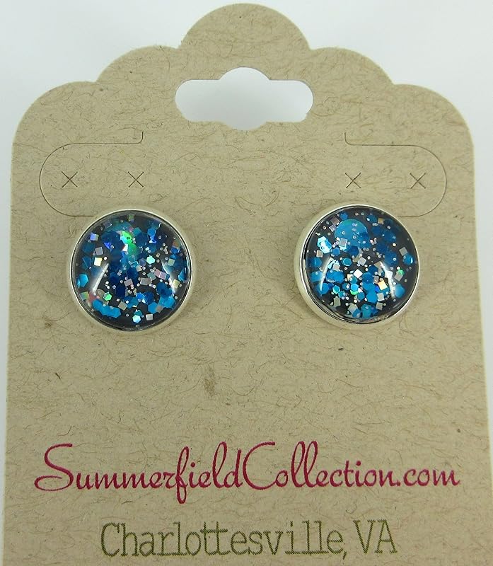 Summerfield Collection Silver-tone Charcoal Gray and Blue Glitter Glass Stud Earrings Hand-painted 12mm