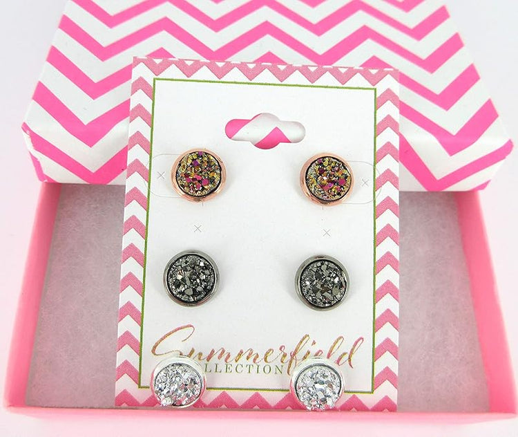 Summerfield Collection Trio Stud Earrings 8mm Gunmetal Metallic Rose Silver Faux Druzy Stone Set