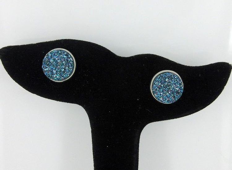 Summerfield Collection Trio Stainless Steel Glitter Faux Druzy Stone Stud Earrings Set (Purple/Silver/Blue)