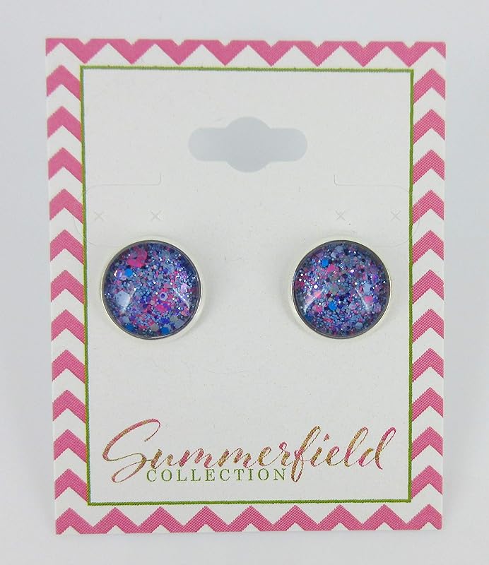Summerfield Collection Silver-tone Gray Neon Pink Aqua Blue and Purple Glitter Glass Stud Earrings Hand-painted 12mm