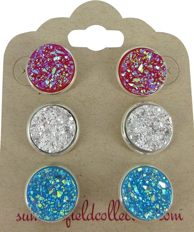 Summerfield Collection Trio Silver-tone Stud Earrings Faux Druzy Stone Red Dark Pink Blue Set 12mm