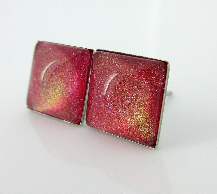 Summerfield Collection Stainless Steel Coral Glitter Glass Stud Earrings Hand-painted Square 10mm