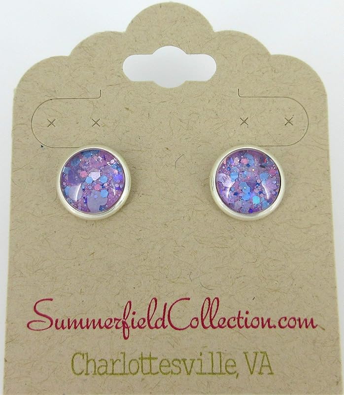 Summerfield Collection Silver-tone Purple Unicorn Mix Glitter Glass Stud Earrings Hand-painted 10mm