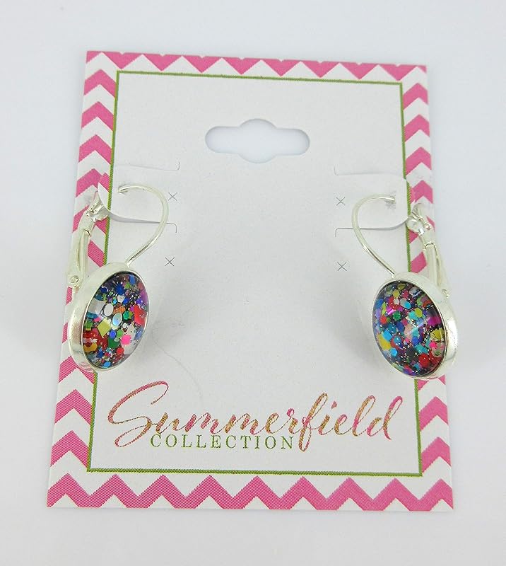 Summerfield Collection Silver-tone Black and Multi-Color Confetti Glitter Glass Drop Earrings Leverback Hand-painted
