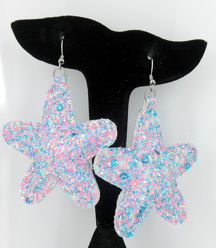 Summerfield Collection Stainless Steel Pastel Glitter Faux Leather Large Puffy Star Dangle Earrings (Lavender Purple)